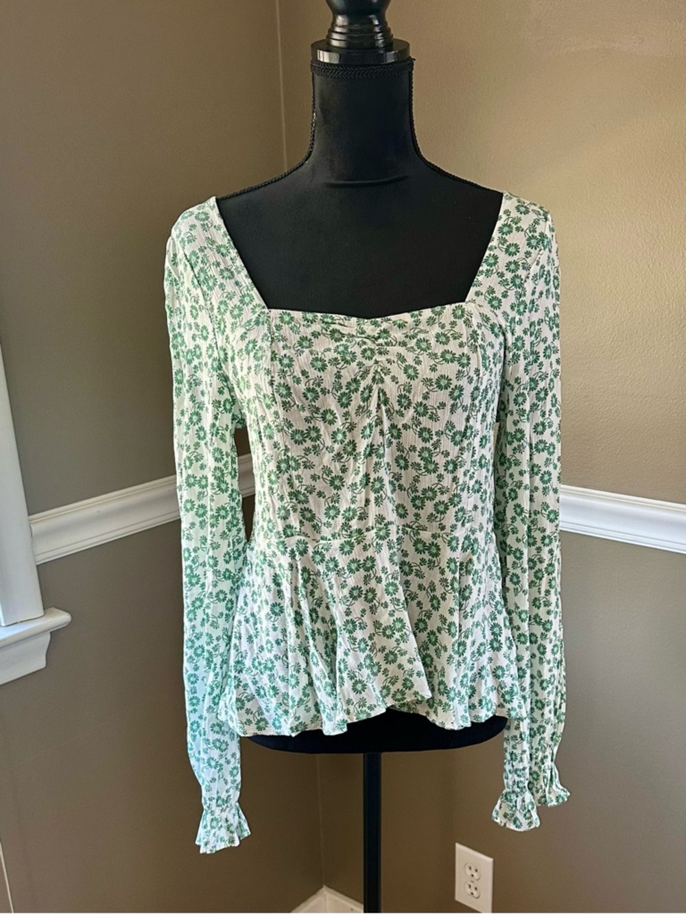 Blue Rain White Top with Green Floral Print and Square Neck